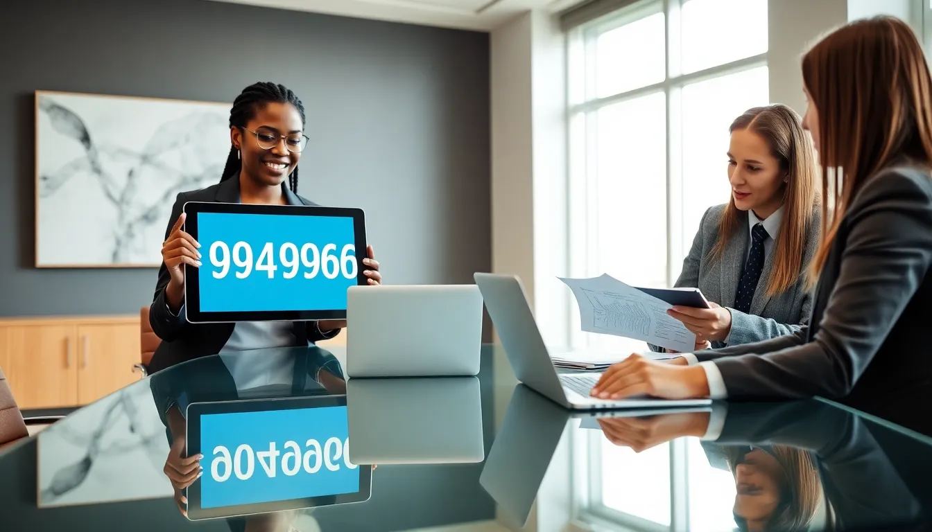 Professionals discussing a significant number in a modern office.